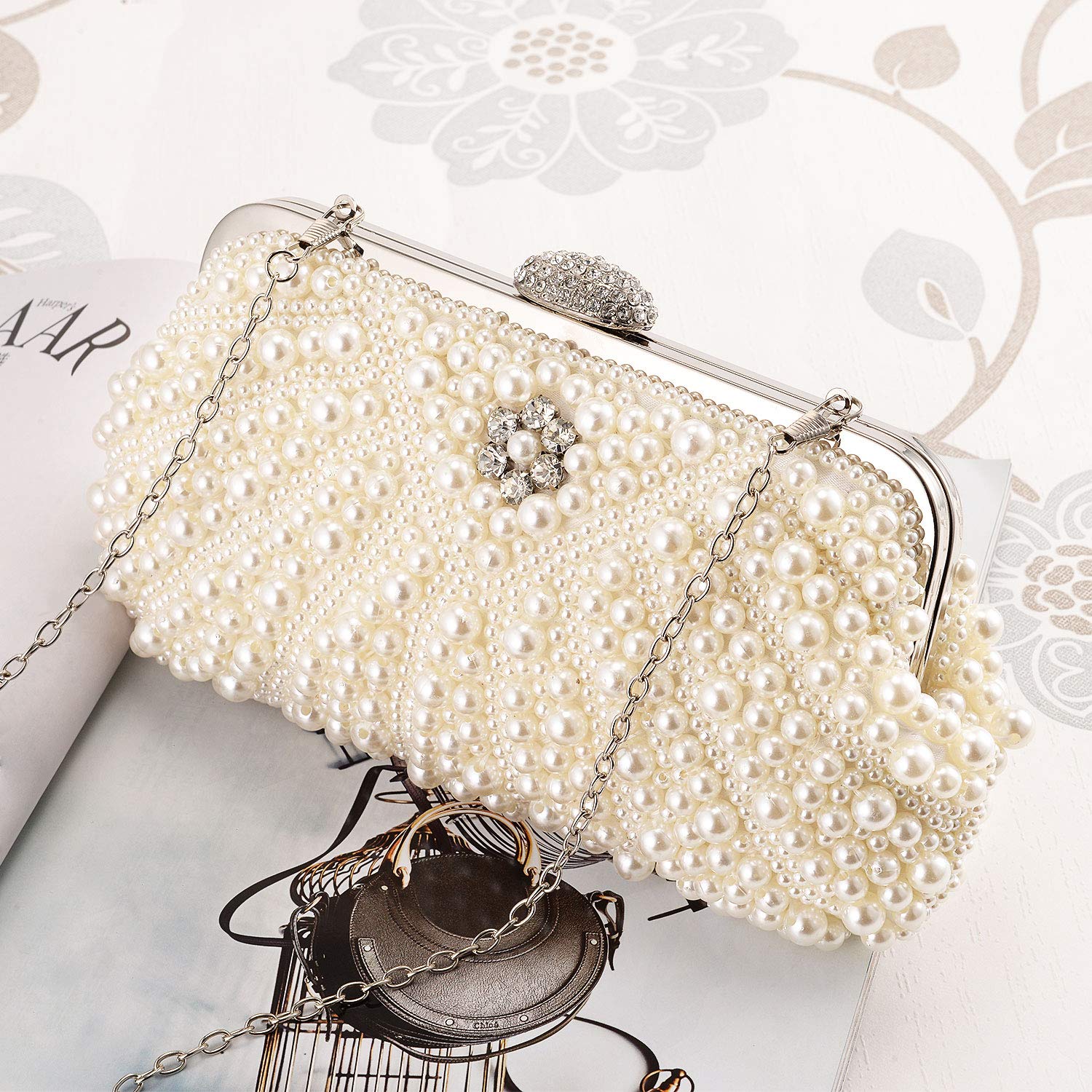 UBORSE Women Pearl Clutch Bag Noble Crystal Beaded Evening Bag Wedding Clutch with Pearl Chain