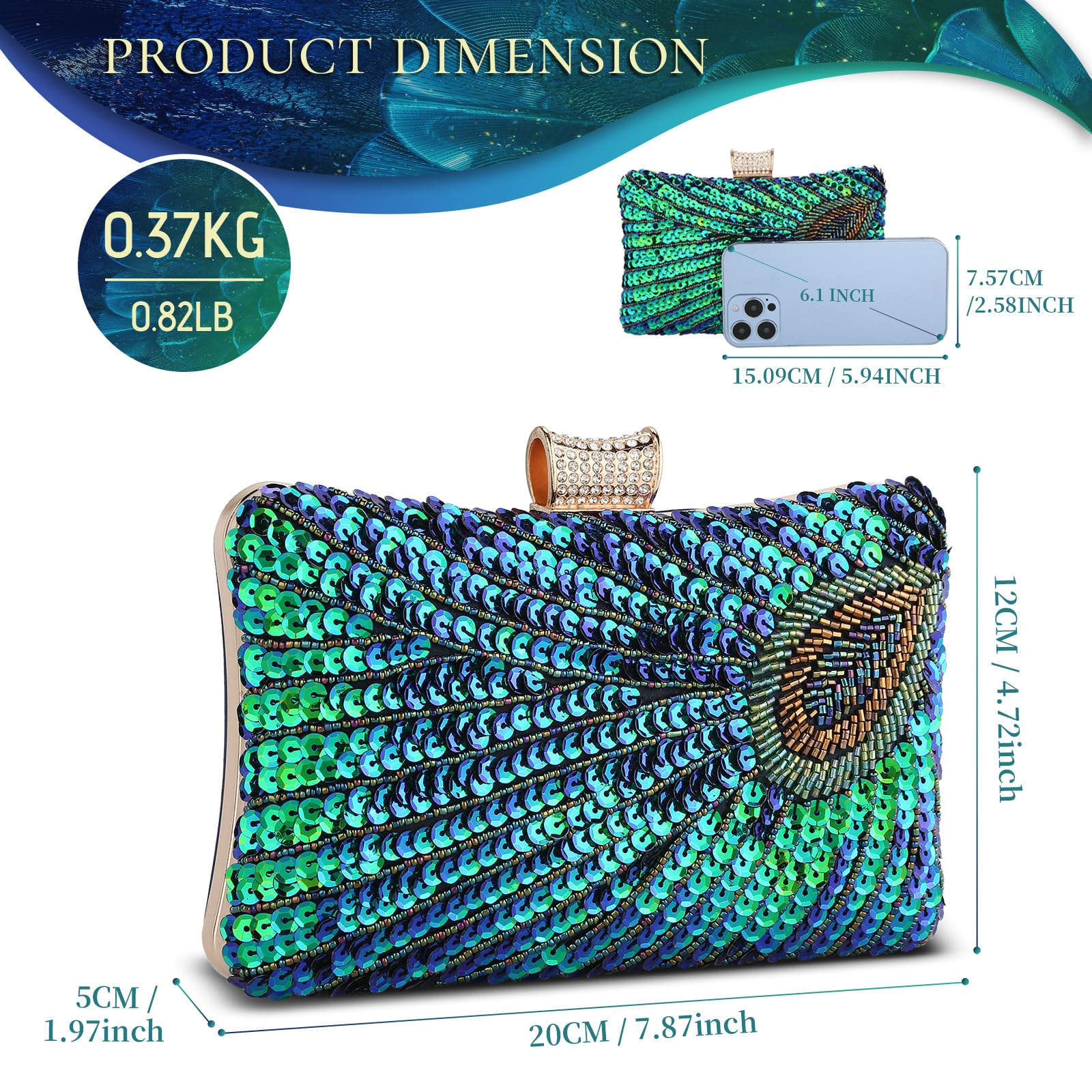 UBORSE Beaded Sequin Peacock Evening Clutch Bags Party Wedding Purse