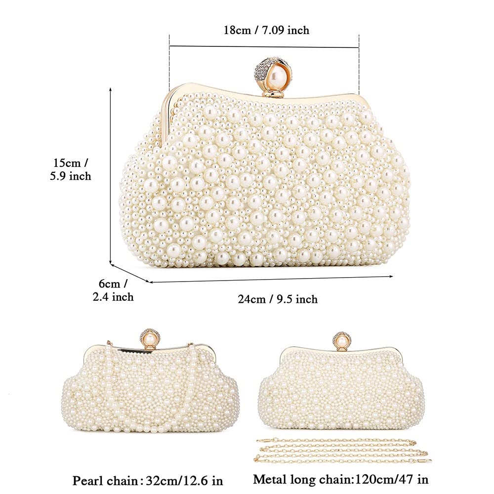 UBORSE Women Pearl Clutch Bag Noble Crystal Beaded Evening Bag Wedding Clutch with Pearl Chain