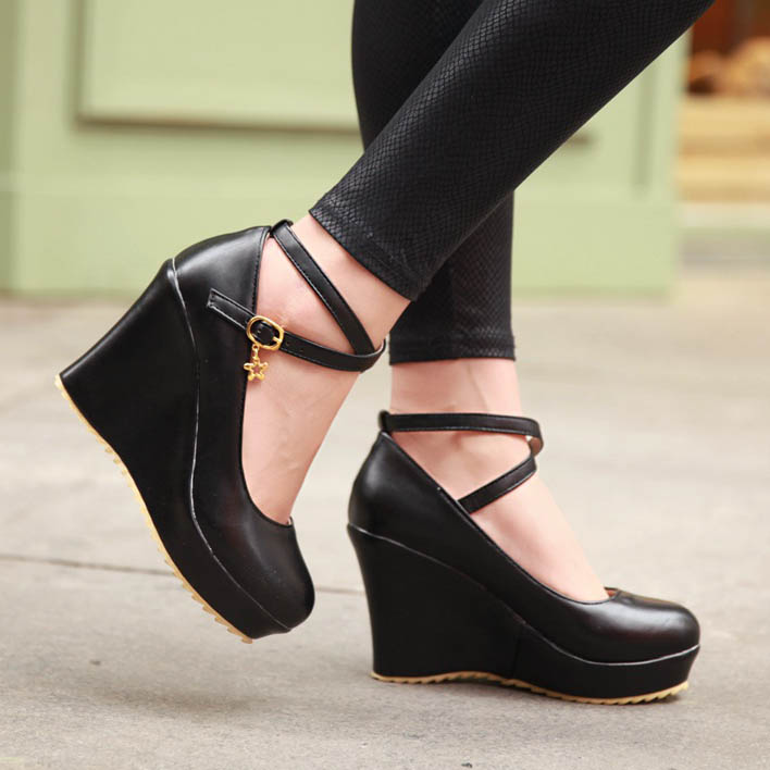 Round Toe Line-Style Buckle Wedge Heel Platform Casual Thin Shoes