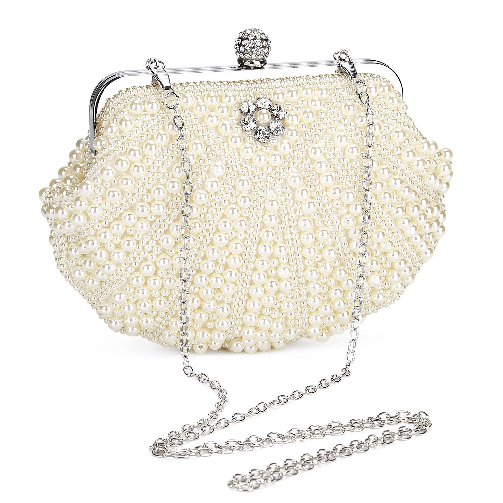 UBORSE Women Pearl Clutch Bag Noble Crystal Beaded Evening Bag Wedding Clutch with Pearl Chain