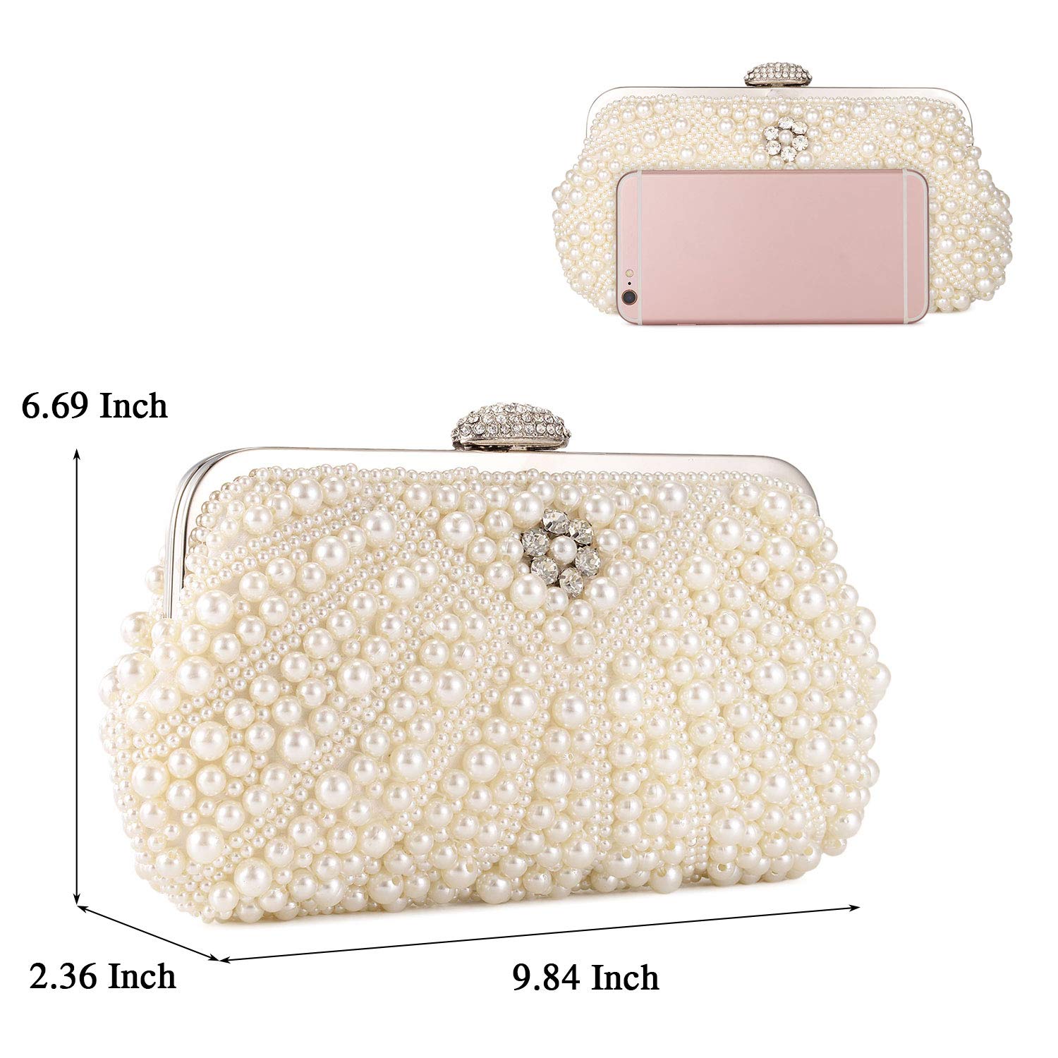 UBORSE Women Pearl Clutch Bag Noble Crystal Beaded Evening Bag Wedding Clutch with Pearl Chain