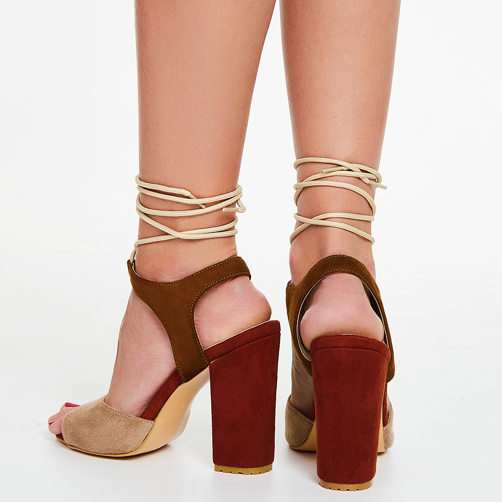 Lace-Up Open Toe Block Heel Color Block Sandals