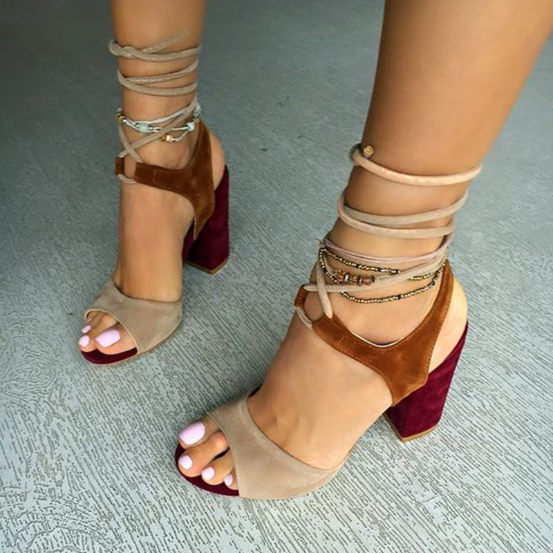 Lace-Up Open Toe Block Heel Color Block Sandals