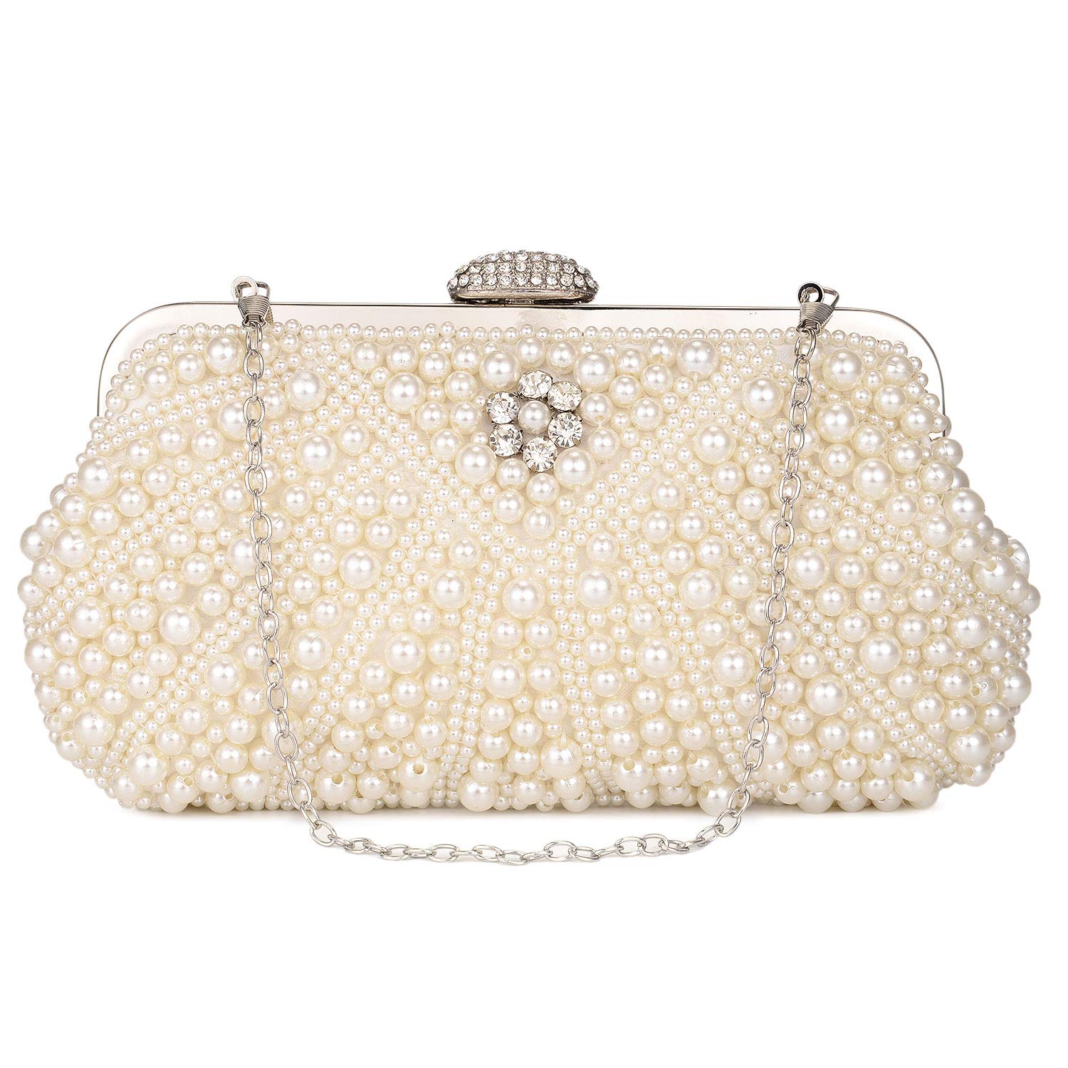 UBORSE Women Pearl Clutch Bag Noble Crystal Beaded Evening Bag Wedding Clutch with Pearl Chain