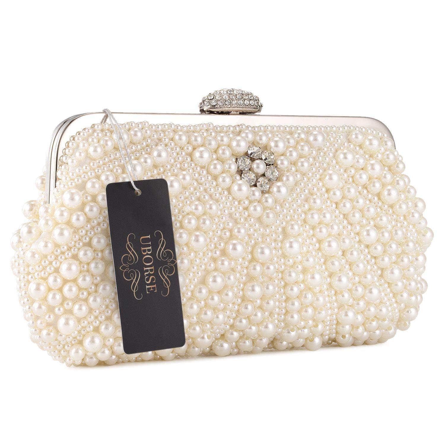 UBORSE Women Pearl Clutch Bag Noble Crystal Beaded Evening Bag Wedding Clutch with Pearl Chain