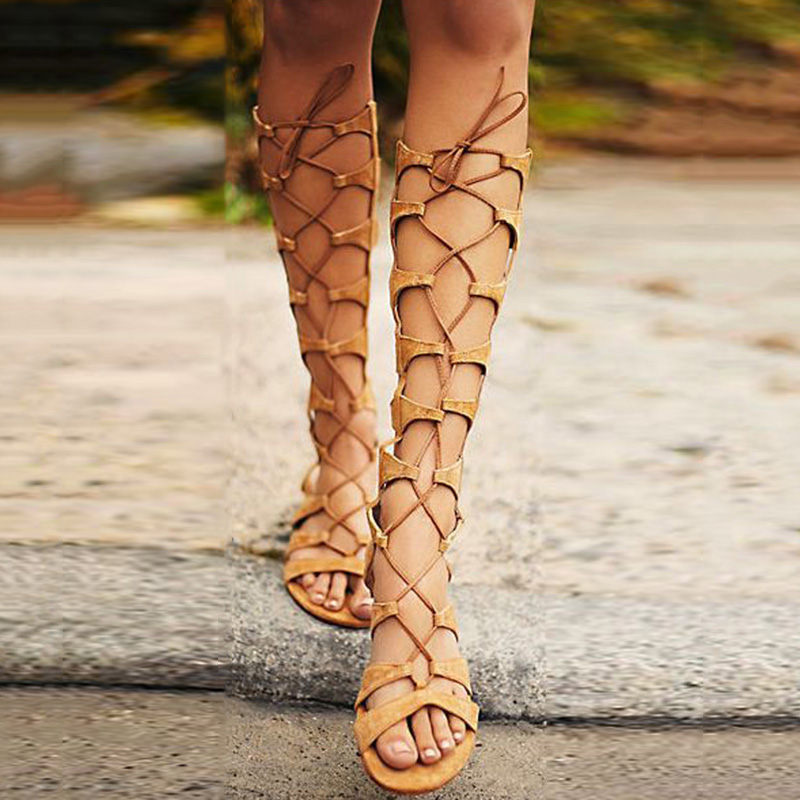 Open Toe Lace-Up Strappy Block Heel Plain Sandals