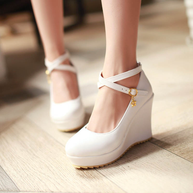 Round Toe Line-Style Buckle Wedge Heel Platform Casual Thin Shoes