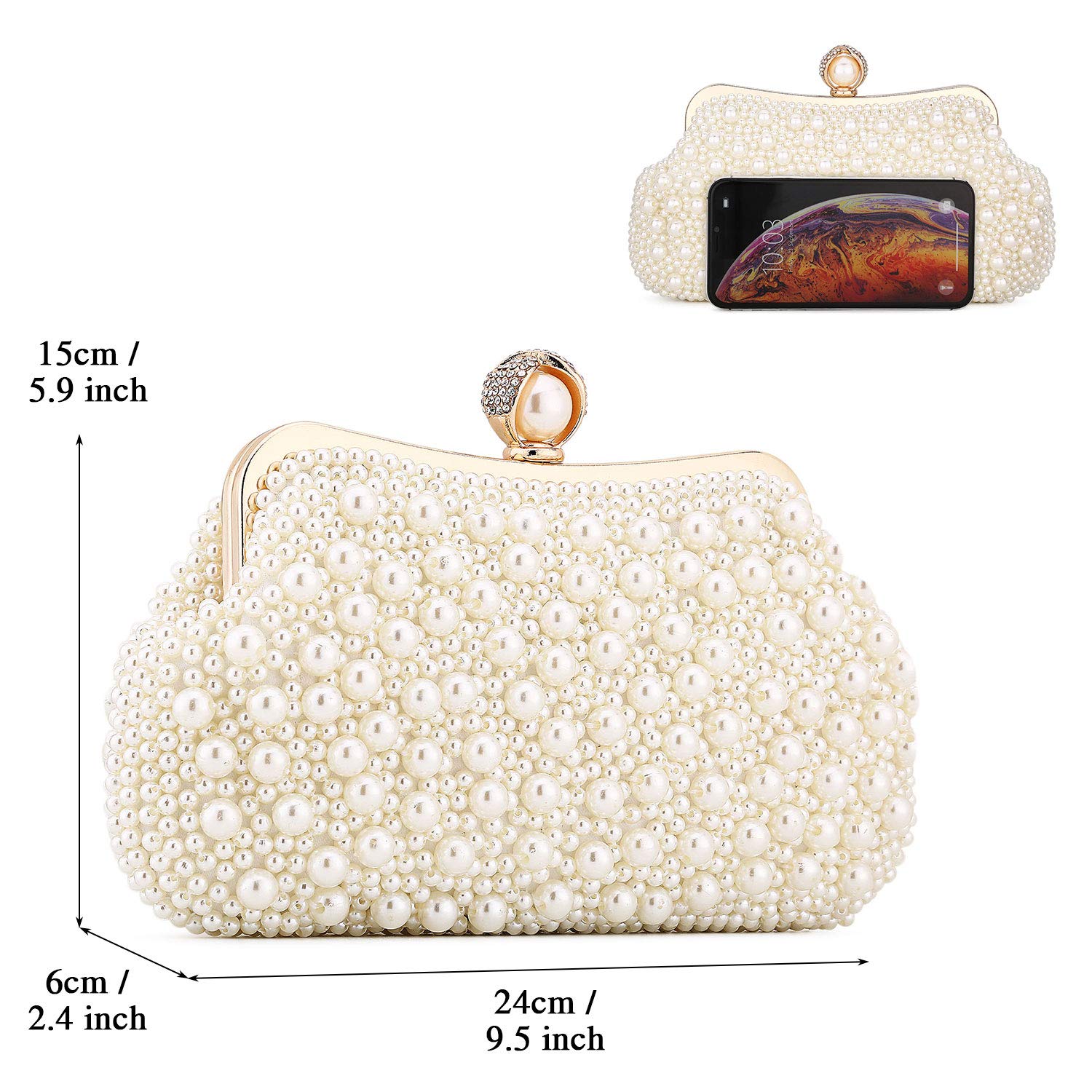 UBORSE Women Pearl Clutch Bag Noble Crystal Beaded Evening Bag Wedding Clutch with Pearl Chain